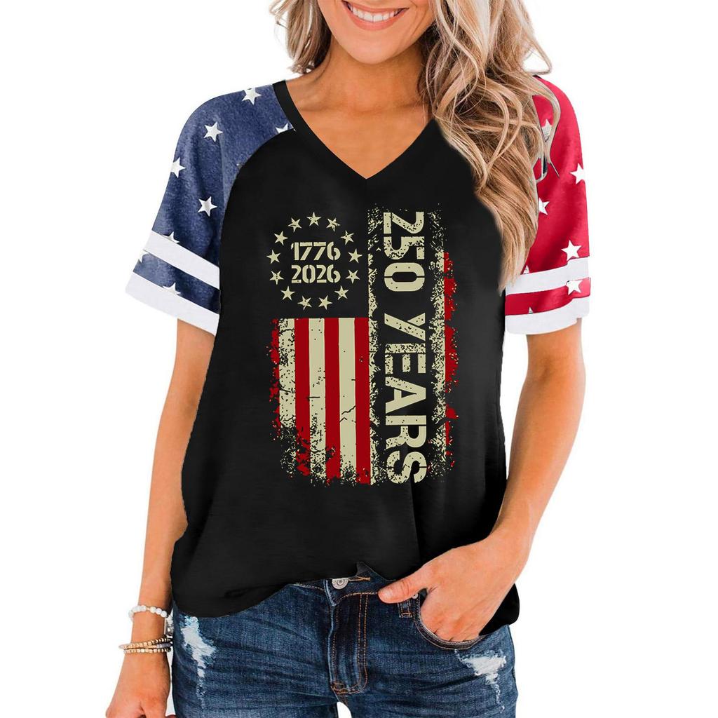 Women's Casual V-Neck Short Sleeve T-Shirt with Independence Day Print
