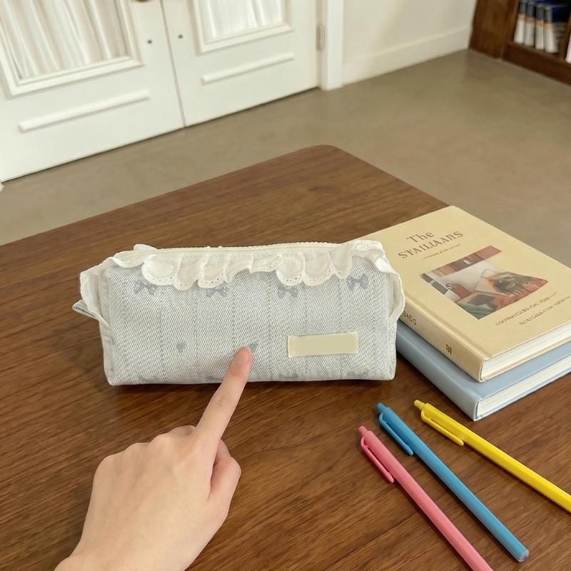 Lace Trim Pencil Case with Top Closure, Embroidered Heart Design for School Supplies, Desk Storage and Journaling