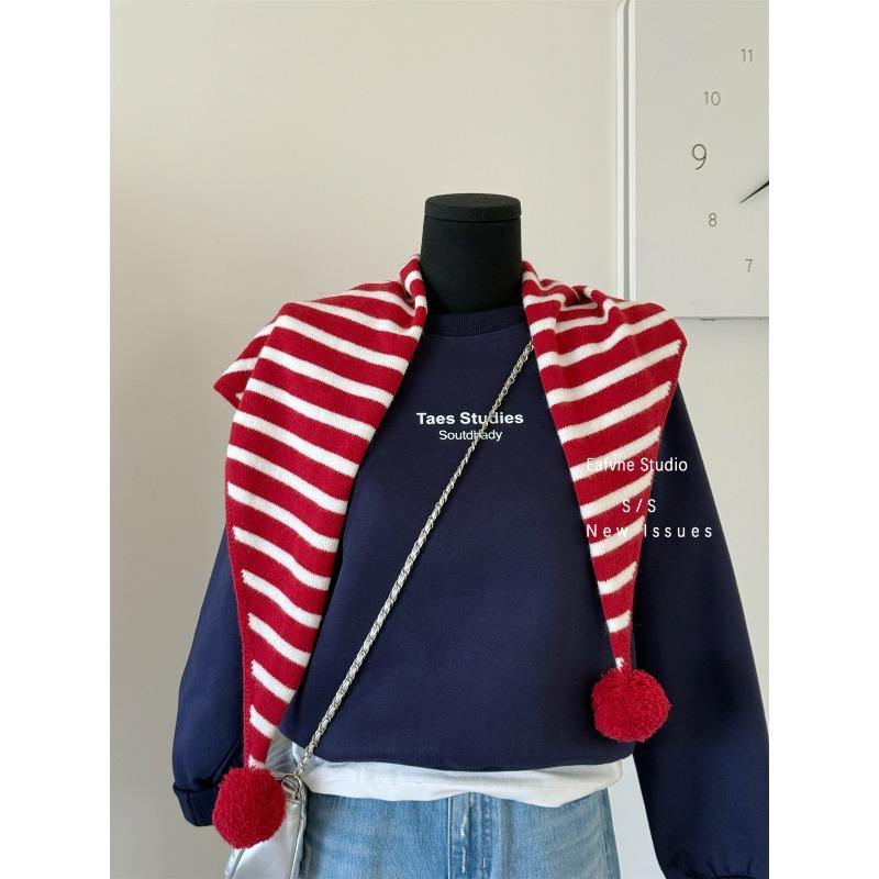 A Retro Hong Kong style Knitted Striped Pom pom with A Vintage Triangular Scarf Over It A Warm Autumn and Winter Decorative Shawl Scarf for Women