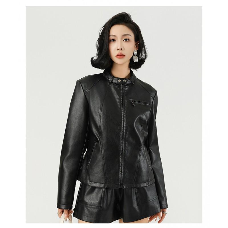 Womens Slim Fit PU Leather Jacket Urban Chic Office Wear Stand Collar Zipper Long Sleeve