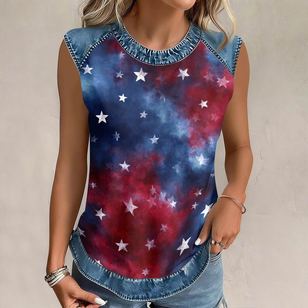 Women's Casual Sleeveless Pullover Tank Top Round Neck Independence Day Print Sleeveless Blouse Summer Outdoor Shirt