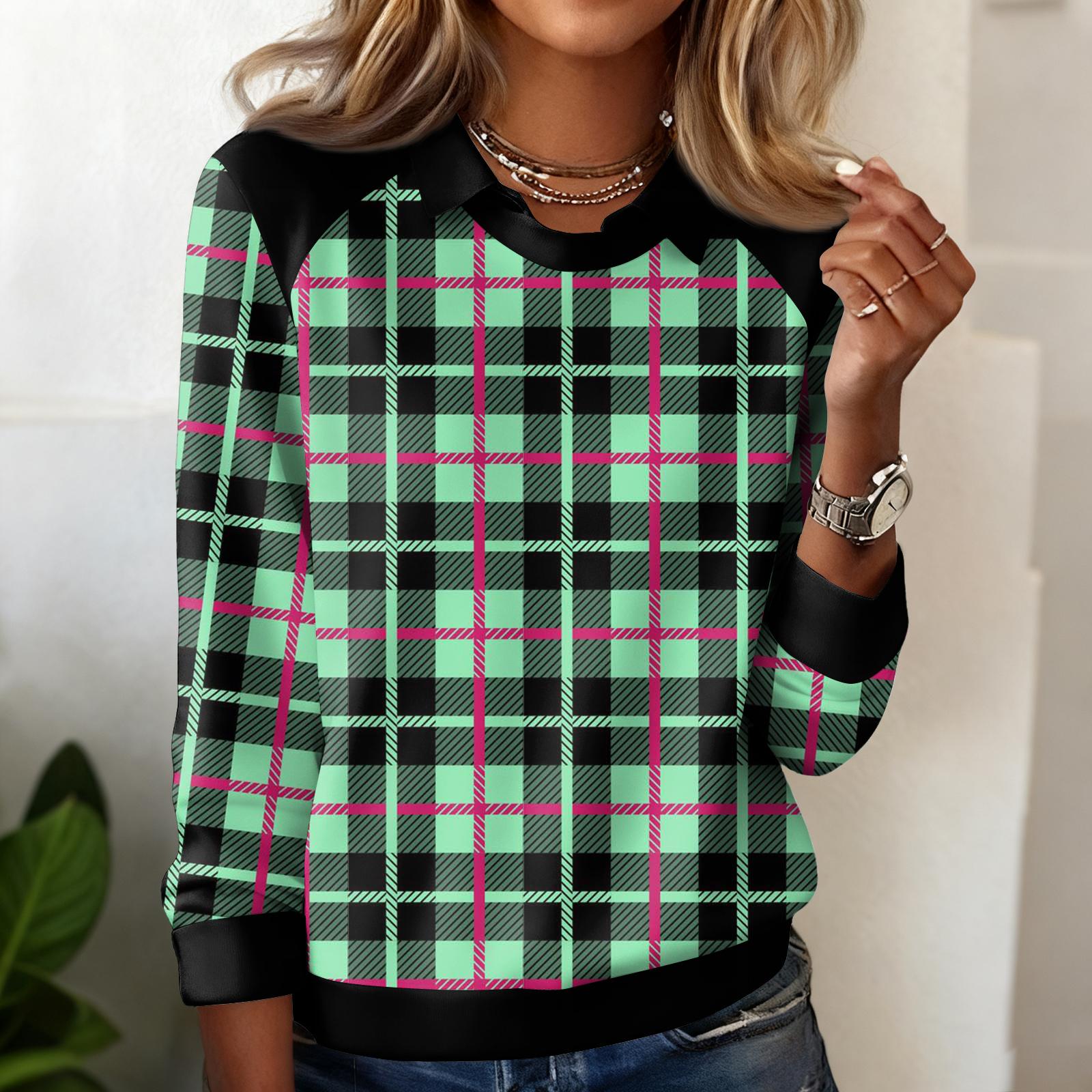 

Ladies Plaid Printed Casual Long Sleeved Sweatshirt Top XL
