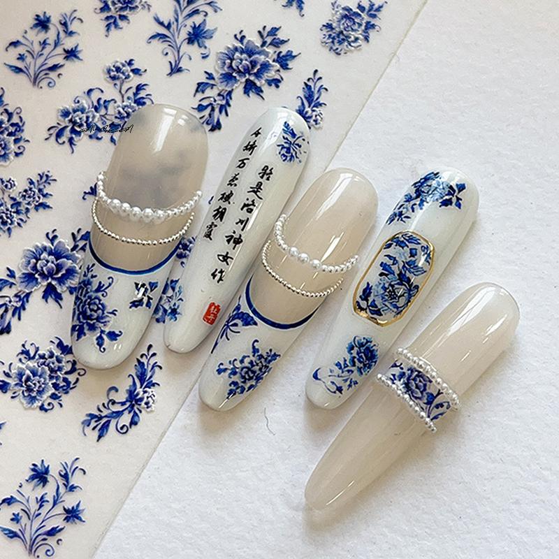 Blue White Porcelain Chinese Style 3D Self Adhesive Nail Art Stickers Flower Silverback Manicure Decals for DIY Salon