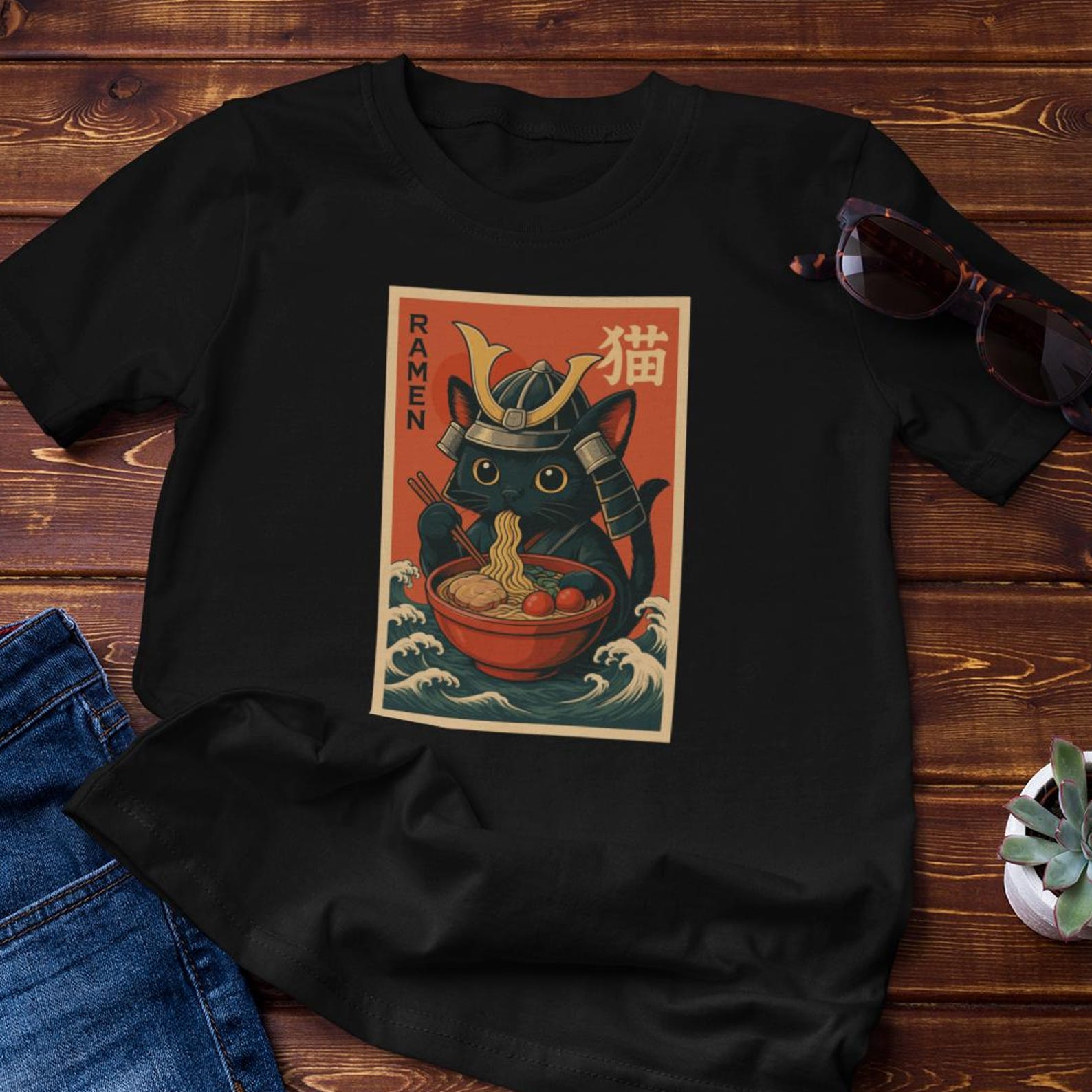 Funny Shirt - Samurai Cat Ramen | Japanese Wave Art Illustration- Cotton Tee XL