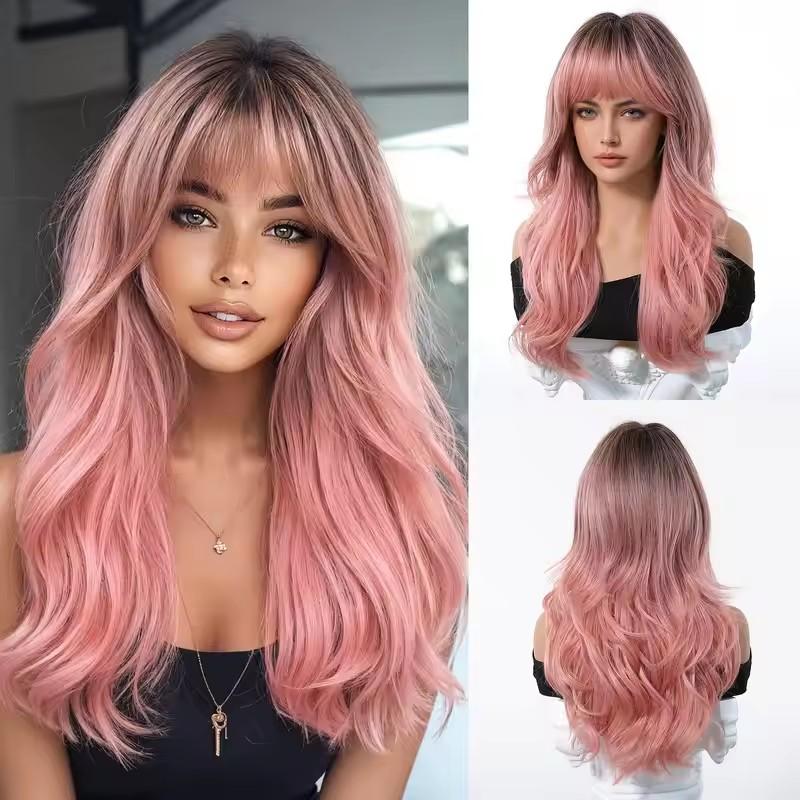 Light Pink Long Wavy Cosplay Synthetic Hair Wigs with Bangs for White Women Afro Lolita Water Wave Halloween Heat Reisitant Wig
