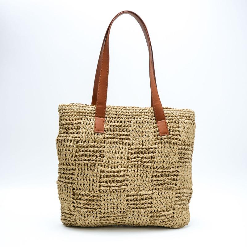 

New shoulder splicing straw bag casual solid color women s bag large capacity hand-woven bag seaside vacation beach bag welt zipper
