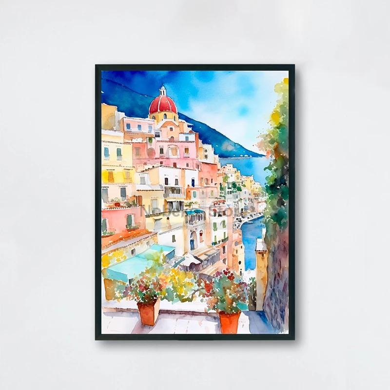 Italian Amalfi Coast Cityscape Poster Positano Watercolor Coastal Landscape Prints Canvas Painting Wall Art Home Room Decoration