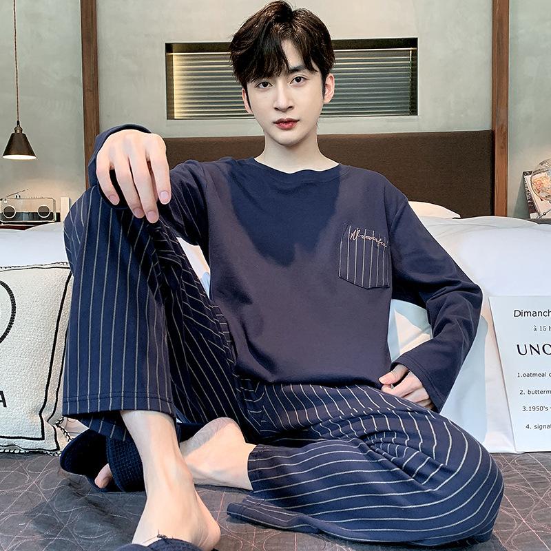 Herren 2-teiliger Pyjama Herren Frühjahrs- und Herbstmodelle aus Baumwolle Langarmhose Jungen Freizeit-Hausanzug