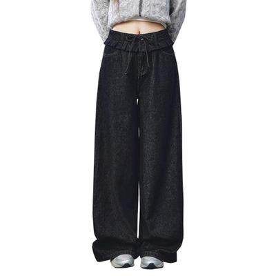 Women's Vintage Loose Wide-Leg Black Denim Pants
