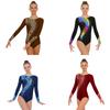 Womens Gymnastics Ballet Bodysuit Print Spliced Rhinestones Long Sleeve Low Back Leotard