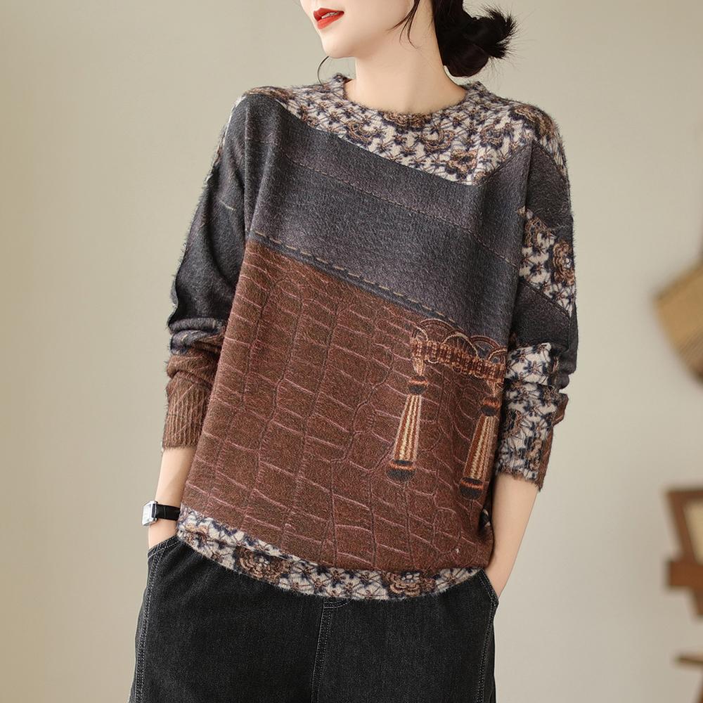 

Новые пуловеры Весенние свитера Цветочные женские узоры О-образный вырез Принт свитера Вязание свободный свитер One Size красный