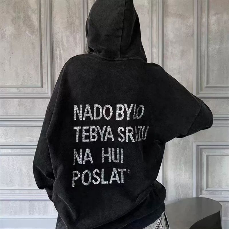Fashion Style New Arrival Rhinestone Letter Hooded Sweatshirt Loose Tops Diamond Studded Hooded Top