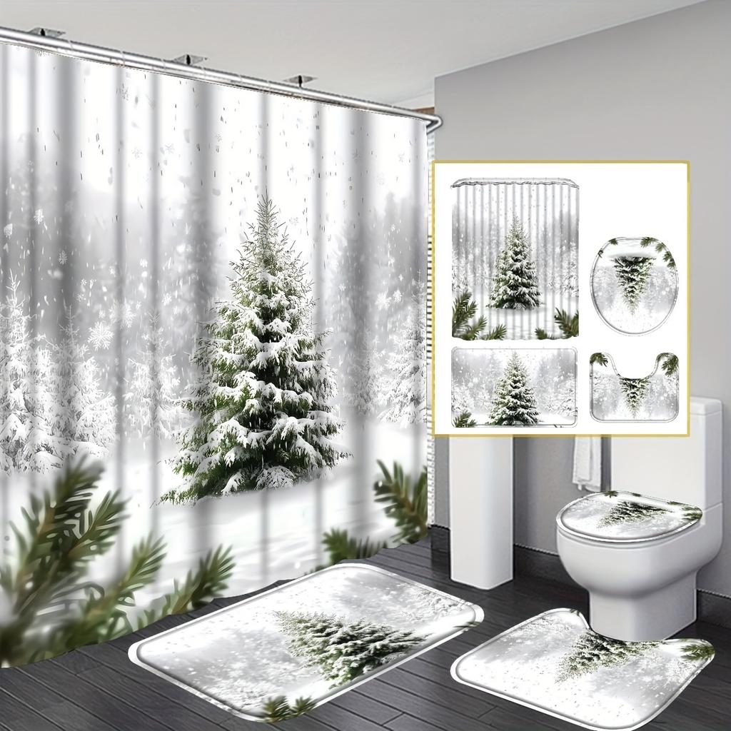 4Pcs Shower Curtain Set with Non-Slip Bath Mat, Toilet Lid Cover, Contour Rug & 12 Hooks, Bathroom Decor