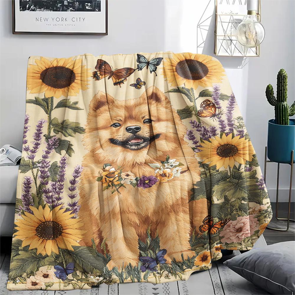 1 Stück Hunde- und Sonnenblumen-Print Flanelldecke, Hohe Qualität, Bequem für alle Jahreszeiten, Heimdekoration, Wärme und Komfort, Perfekt für Weihnachtsgeschenke