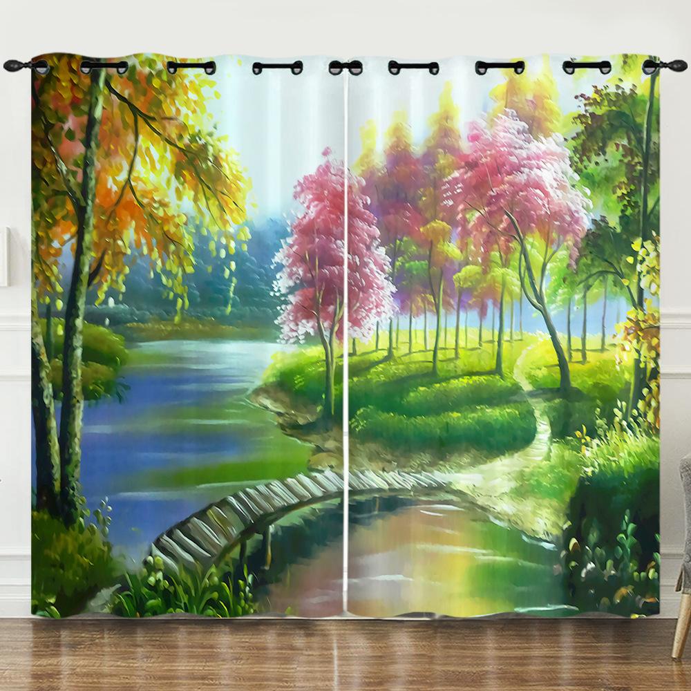 Curtain Oil Painting Landscape Firefly 3D Digital Printing Blackout Curtain Punching