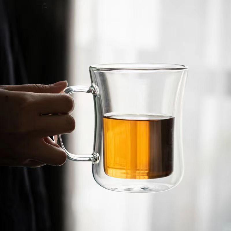 Transparent Borosilicate Double-Walled Glasses with A Handle, Suitable for Coffee, Tea, Cappuccino, Latte Macchiato Mugs