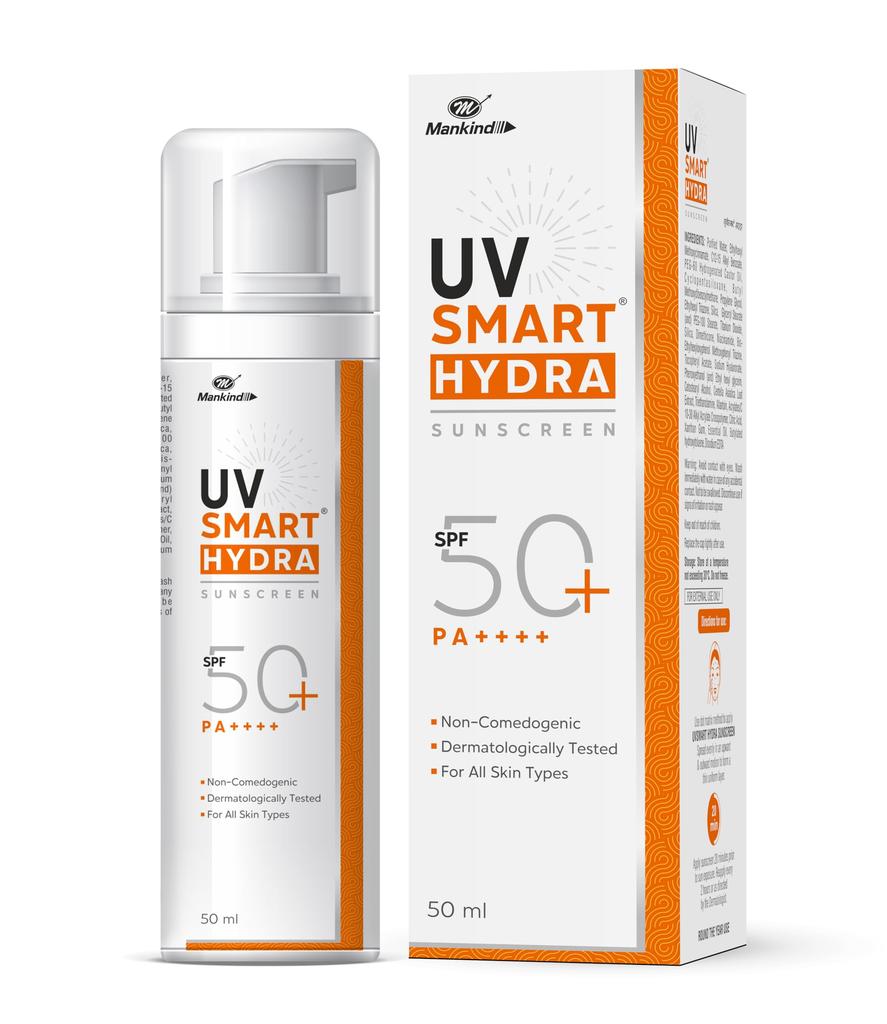 Mankind UV Smart Hydra Sunscreen SPF 50+ PA++++ | Non-Comedogenic, Dermatologically Tested, Hydrating Formula | For All Skin Types | 50 ml
