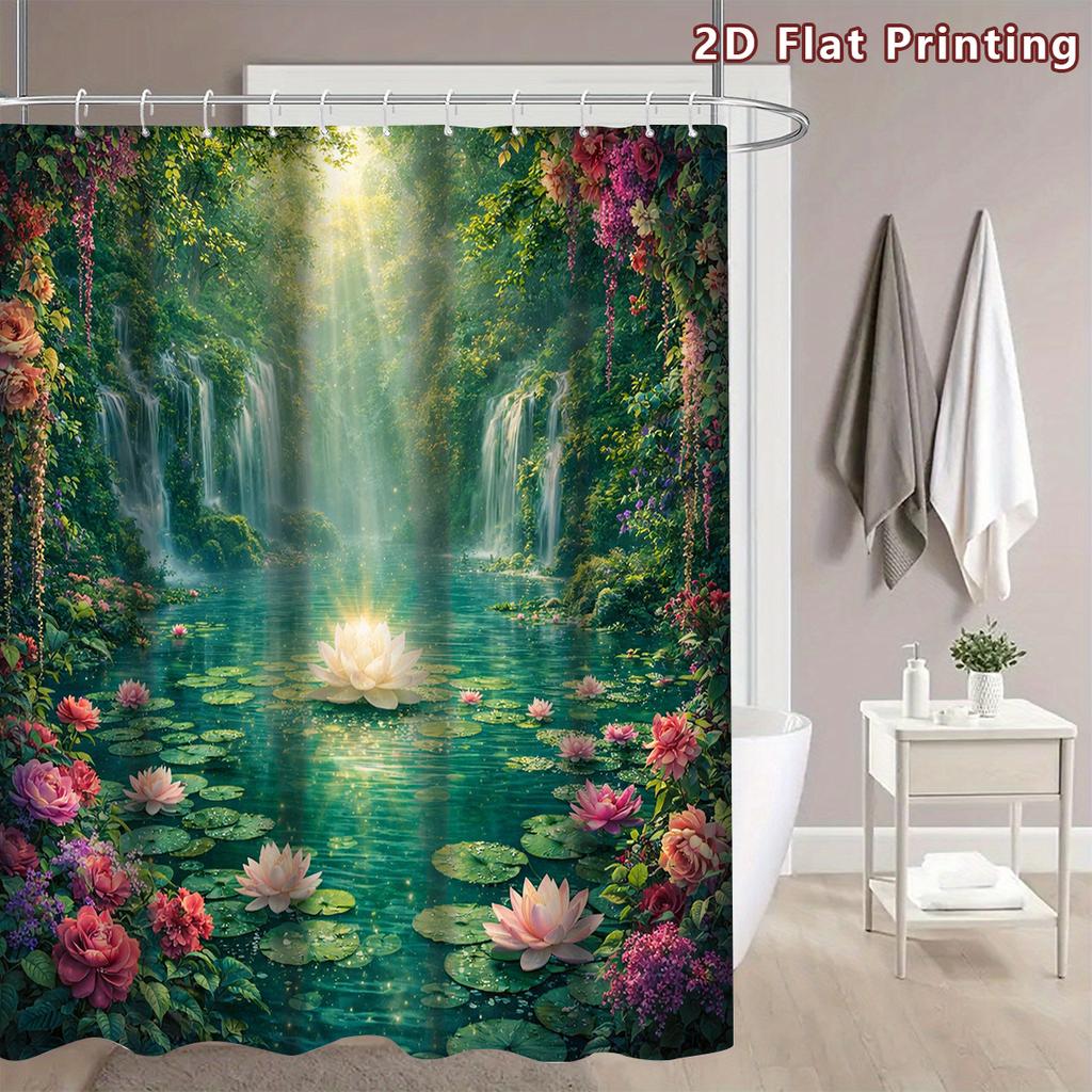 4Pcs 2D Flat Enchanted Waterfall Shower Curtain Set with Non-Slip Bath Mat, Toilet Lid Cover, Contour Rug & 12 Hooks, Bathroom Decor