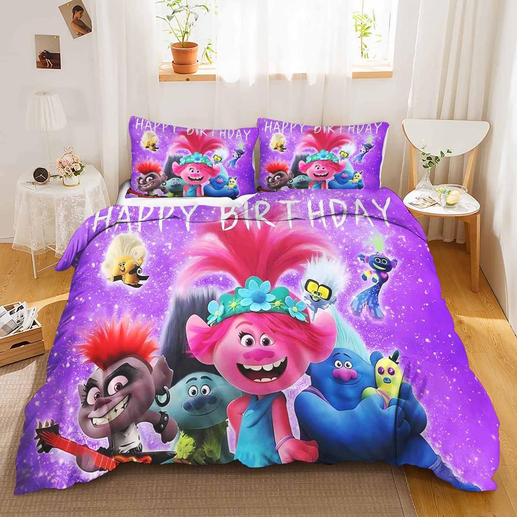 Trolls Geprint Polyester Kinderen 3D Kinderen King Size Beddengoed Dekbedovertrek Set Schattig Geprint Cartoon Dekbedovertrek Huis