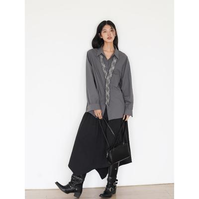 College Style Spring and Autumn New Gray Long-sleeved Shirt Women's Design Niche Drape Top