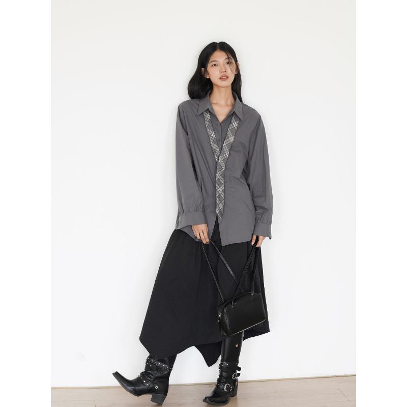 College Style Spring and Autumn New Gray Long-sleeved Shirt Women s Design Niche Drape Top S