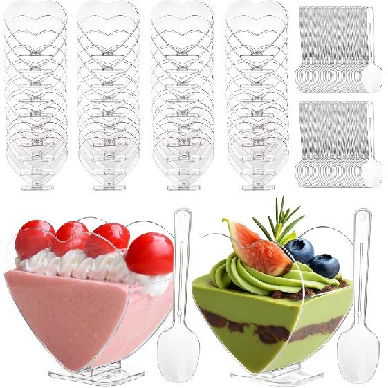 Coloch 100 Pack Plastic Mini Dessert Cup with Spoon for 4 oz Dessert/2.7 oz Liquid, Clear Parfait Appetizer Cup Heart-shaped Small Serving Bowl for
