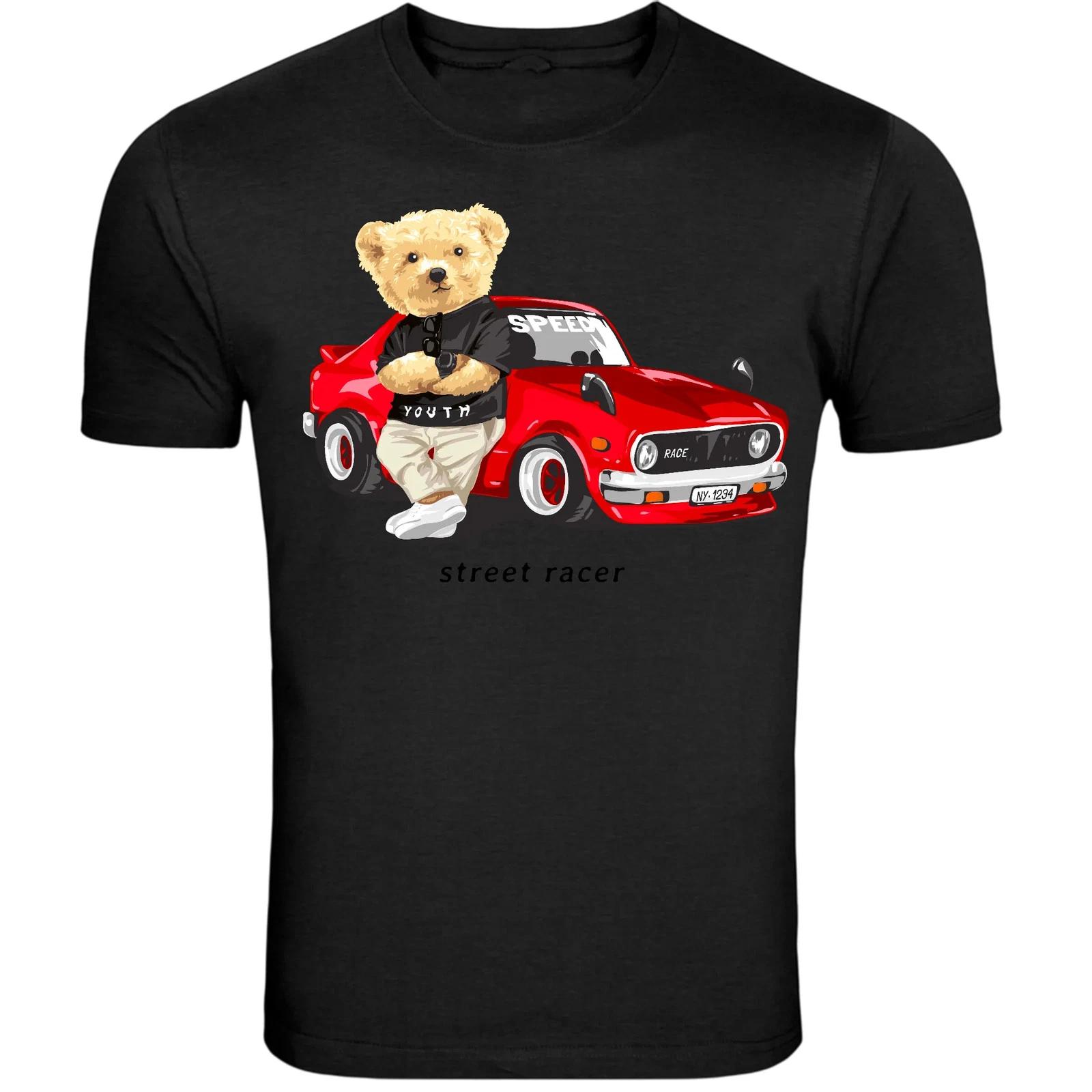 Teddy Bear Street Racer Car T-Shirt - Cute Racing Bear Graphic XS