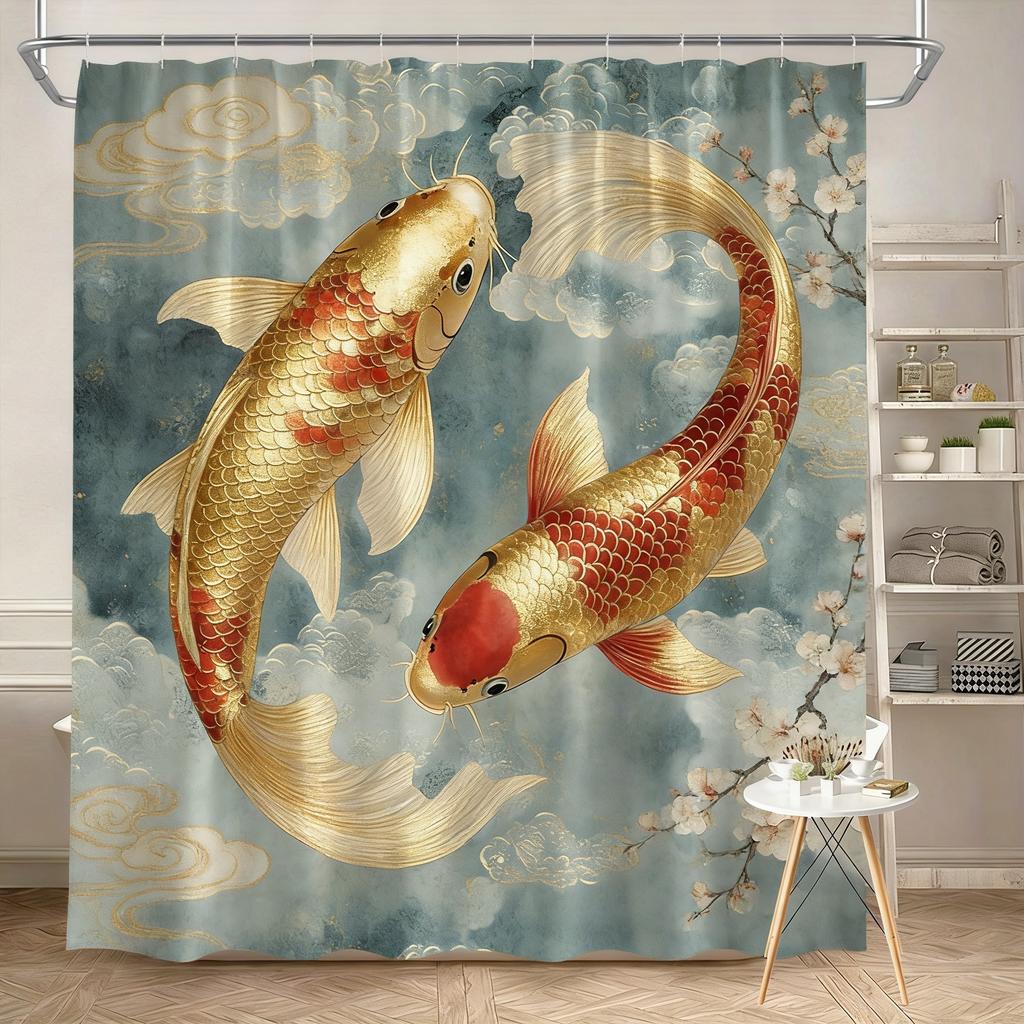 Luxury Golden Koi Fish with Cherry Blossoms Waterproof Shower Curtain for Feng Shui Bathroom Decor