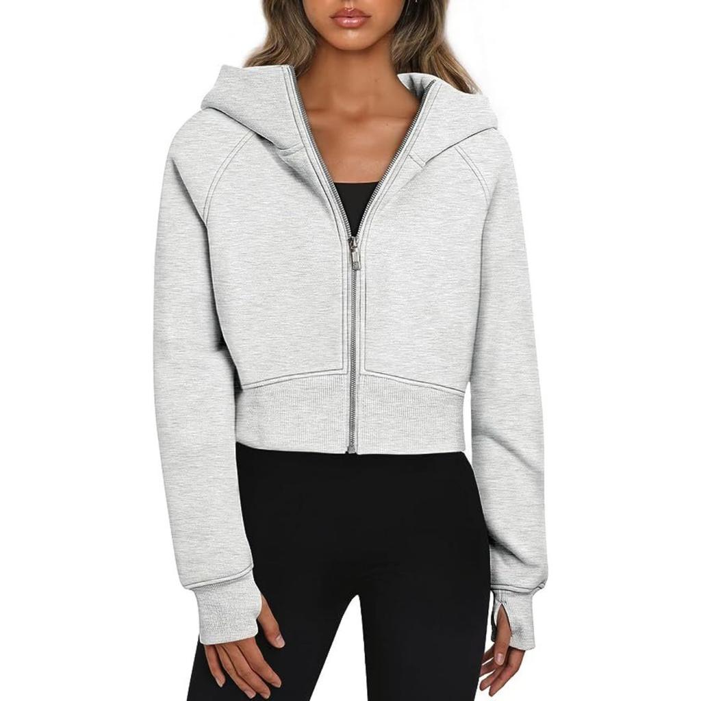Women's Hooded Long Sleeve Full Zip Cropped Jacket Slim Fit Solid Color Casual Autumn Sweatshirt