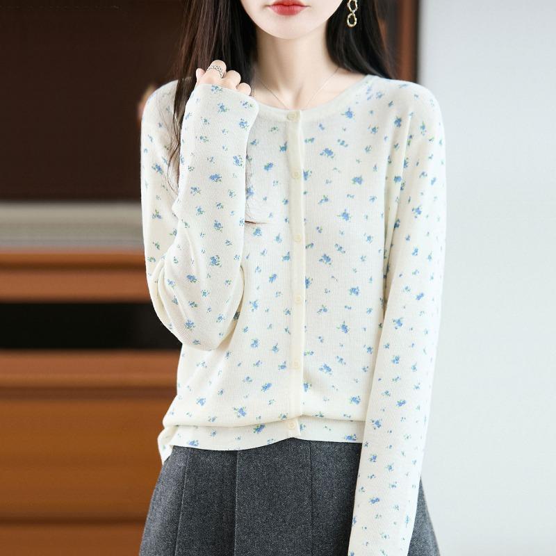 Women Loose Round Neck Jacquard Knit Cardigan Sweater Casual Outerwear