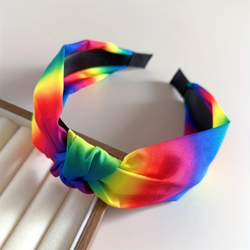 1pc Rainbow Wide Knotted Headband for Women, Soft Stretchy Fabric, Gradient Color for Spring Summer, Beach, Festival, Daily