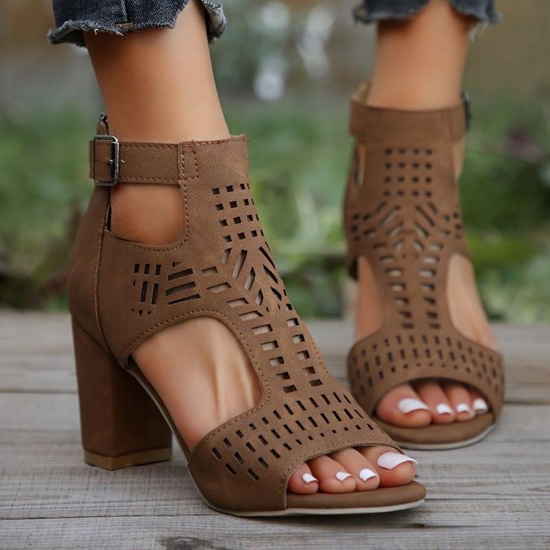 Fashion Women Fashion Strap Sexy High Heel Sandals Woman Roman Hollow Pumps Lace-up Peep Toe Sandals Casual Chunky High-heeled Sandals