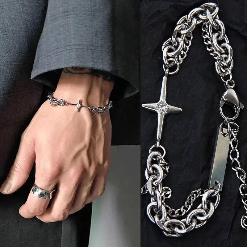 Retro Y2K Cross Stars Metal Bracelet Goth Silvery Punk Multilayer Charm Chain Bracelets New Fashion Jewelry Aesthetic Bangles