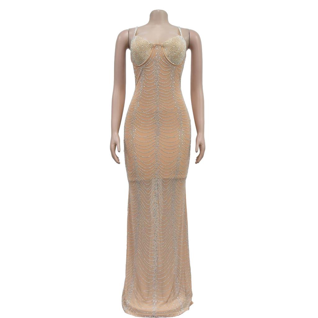 Women's Fashion Long Dress: Solid Color Mesh with Hot Drilling and Strappy Design