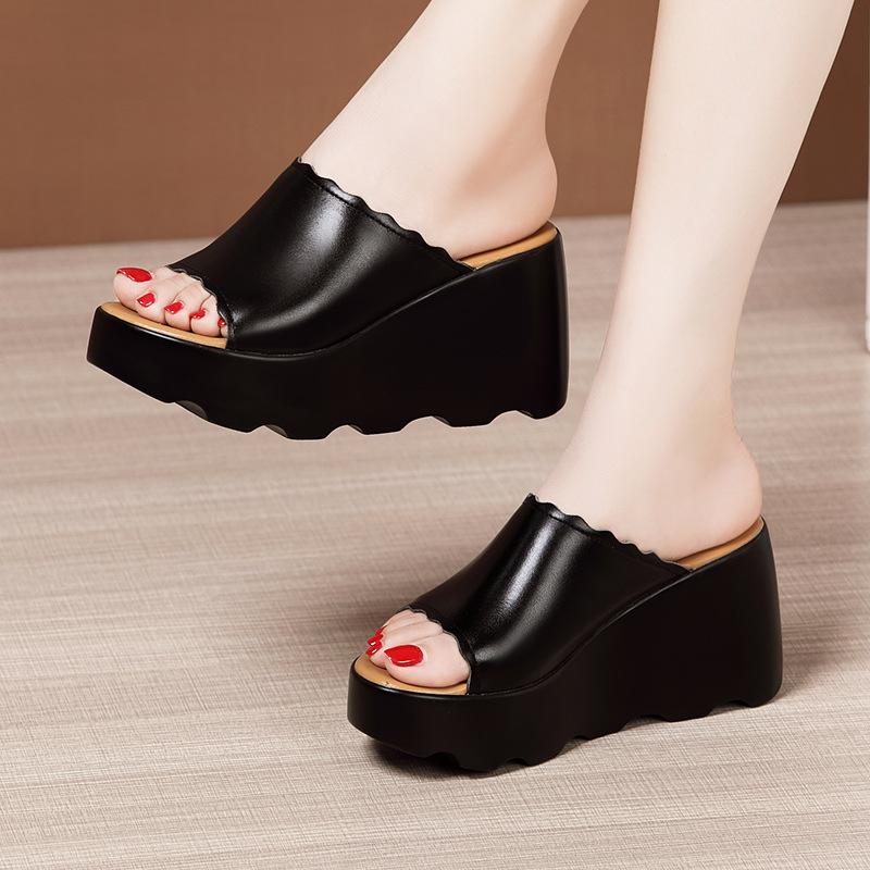 8cm Small Plus Size 32-43 Elegant Comfortable Leather Slippers Platform Wedges Shoes 2025 High Heels Slides for Office Model Mom