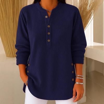 2025 Autumn Winter New Women's Solid Color Loose V-Neck Button Long Sleeve Casual T-Shirt Top for Europe America