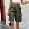 Women's Fashionable Workwear Shorts Solid Color Pocket Button Elastic Waist Casual Five Quarter Pants
