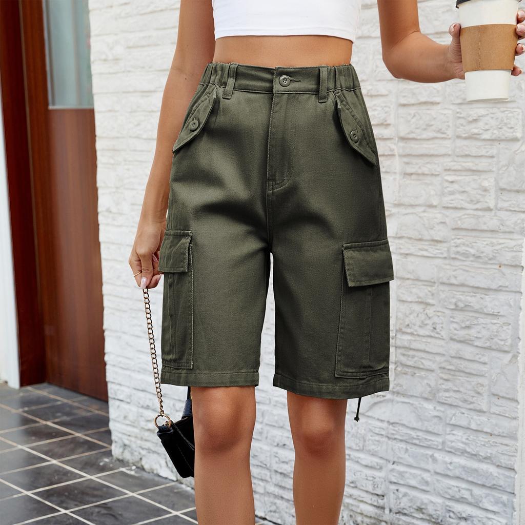 Women's Fashionable Workwear Shorts Solid Color Pocket Button Elastic Waist Casual Five Quarter Pants