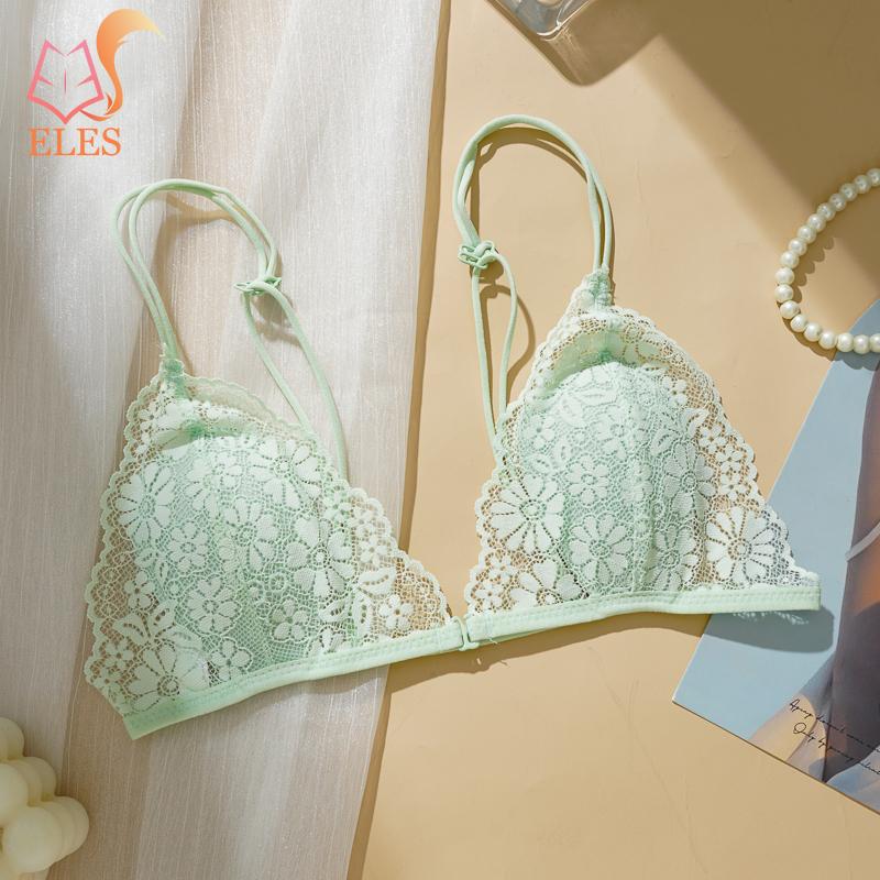 Sutiã de Renda Ultrafino com Botão Frontal Copa Triangular Francesa Seios Pequenos Sem Aro de Aço Desejo Puro Alça Fina Costas Lindas