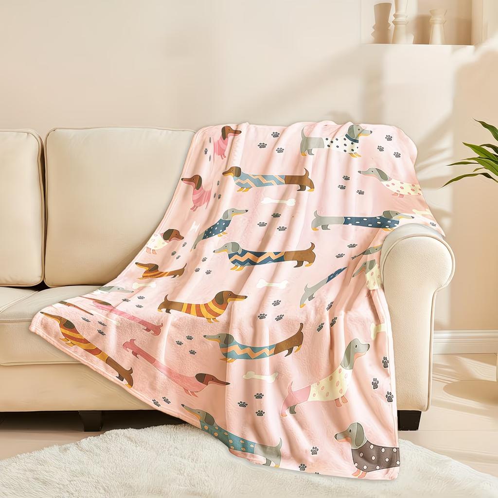 Cute Dachshund Pattern Blanket Soft and Warm Bed Camping Travel Office Decor Cozy Autumn Home Flannel Fabric Artistic Design