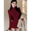 Slim Fit Half-High Collar Long Sleeve Dress for Women - Sexy Autumn/Winter Hip-Hugging Style
