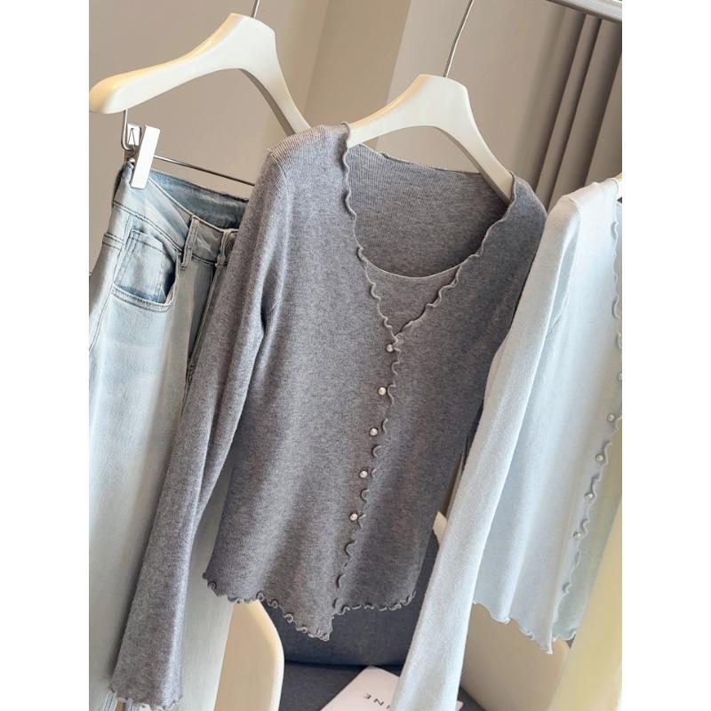 Podzim Zima Falešný Dvoudílný Jednobarevný Svetr Pulovr Dámský Ležérní Módní Univerzální Pletený Top