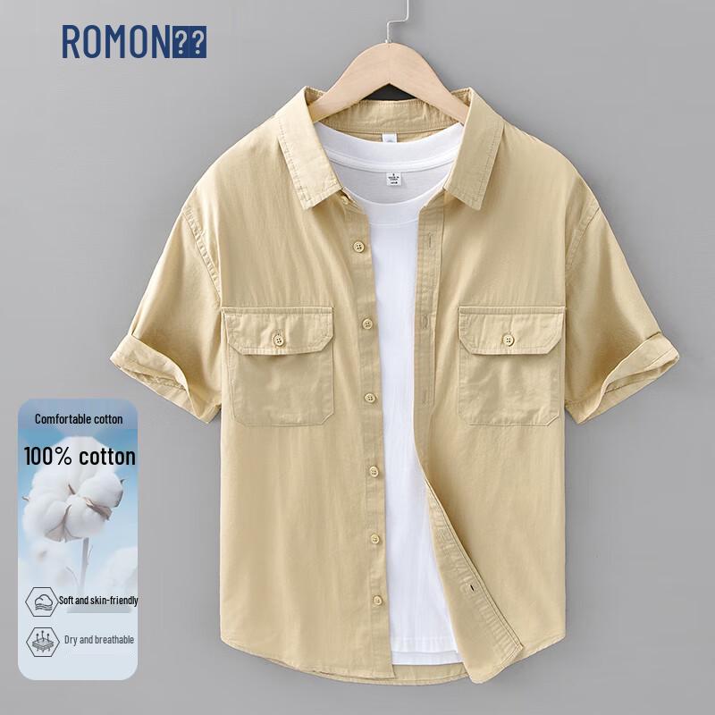 ROMON Men s 100% Cotton Simple Casual Short Sleeve Shirt M