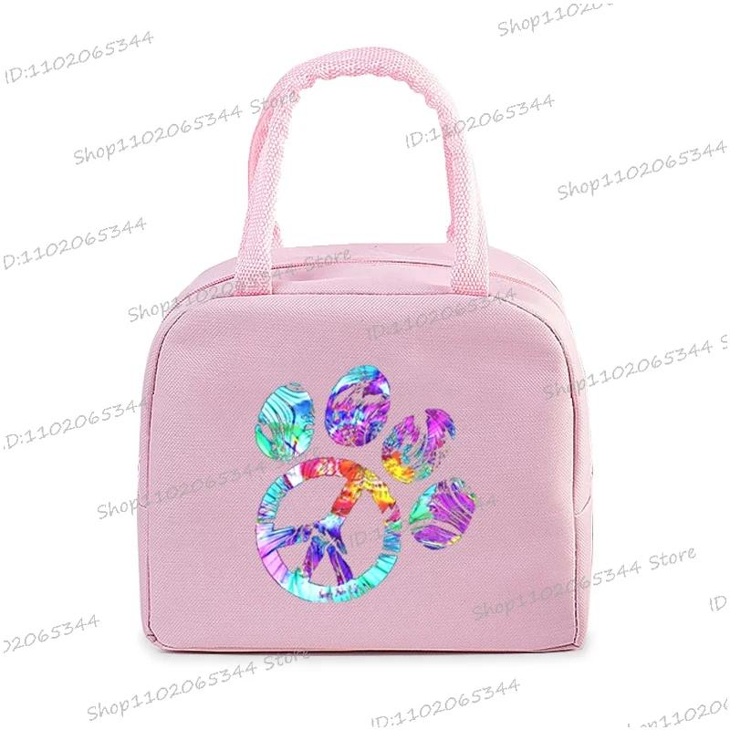 Colour Heart Cat Dog Paw Print Portable Lunch Bag Women Men Kids Food Thermal Box Multi-function Office Bento Insulated Handbag
