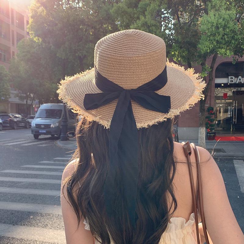 Wide-brimmed Straw Hat with Ties for Women, Korean Style, Summer Hollow Breathable Straw Hat, Beach Vacation Sunshade Fisherman Hat