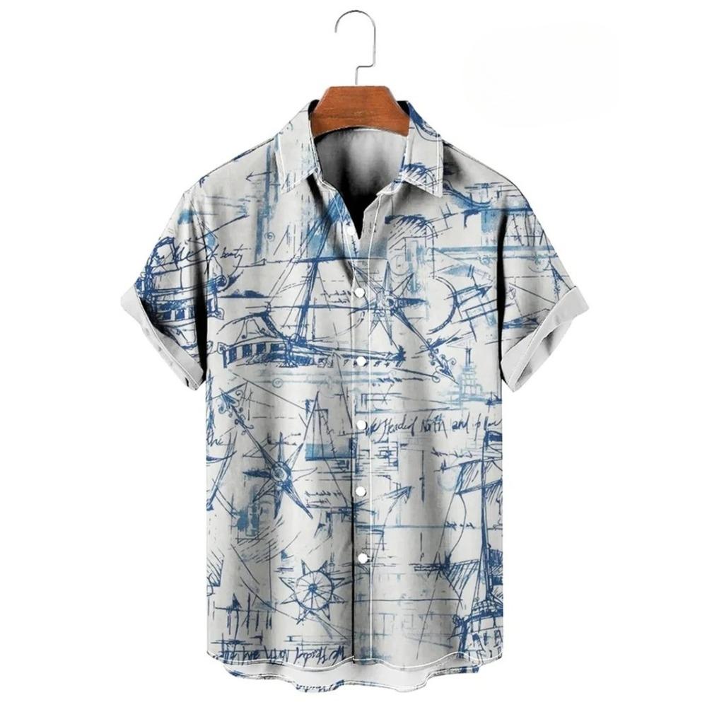 Vintage Button Up Shirt Man 3d Map Printed Short Sleeve Hawaiian Shirt Lapel Men's Clothing Casual Fashion Tops