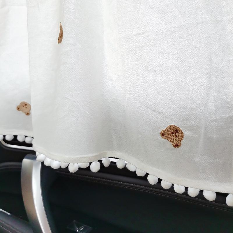 Korean Style Spring Summer Cartoon/Floral Embroidery Cotton Car Sunshade Cover PomPom Trim Kids Travel Privacy Protector