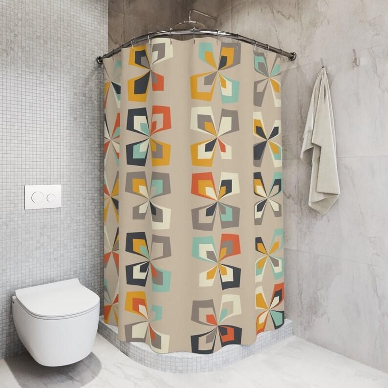 Retro 60s 70s Mid Century Modern Shower Curtain - Abstract Vintage Floral | Brown, Orange & Teal MCM Bathroom Decor