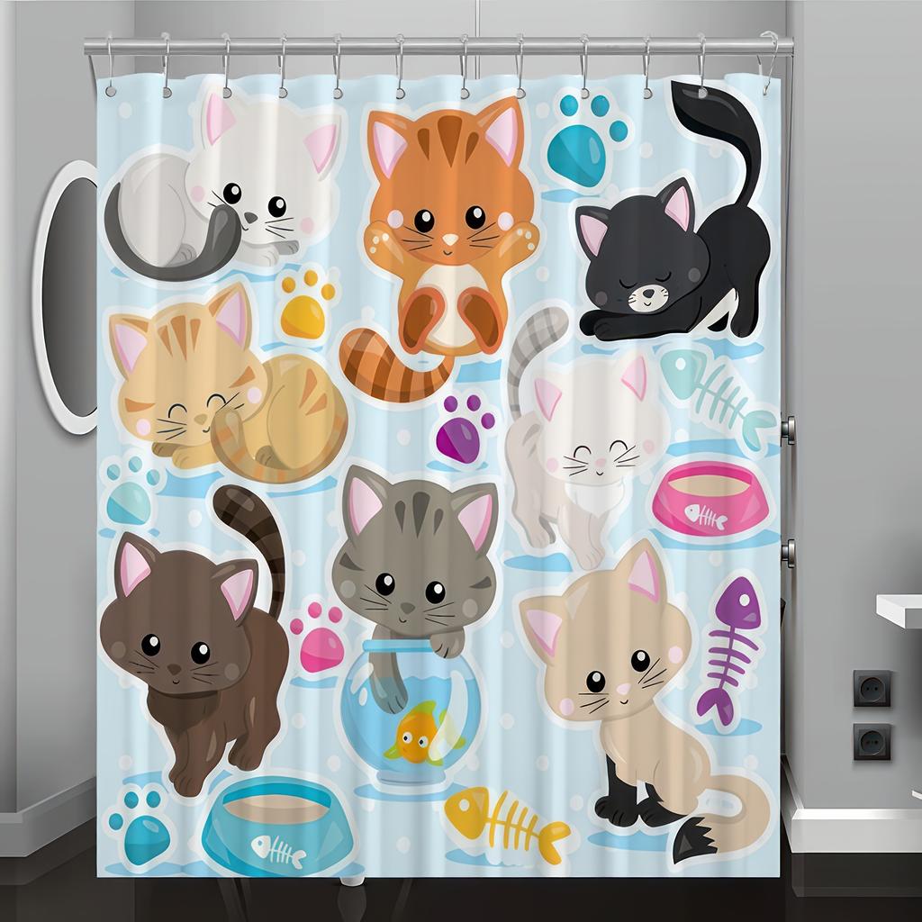 Kitten Cartoon Pattern Digital Print Shower Curtain - Machine Washable, Reversible Polyester, All-Season Bathroom/Home Decor