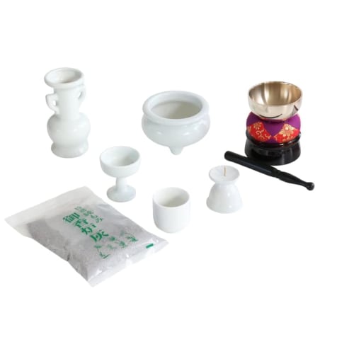 Buddhist Altar Set, Plain White Porcelain, 5 Pieces + Bell Set, Incense Burner Ash Included, for 49th Day Memorial Service, Altar Decoration